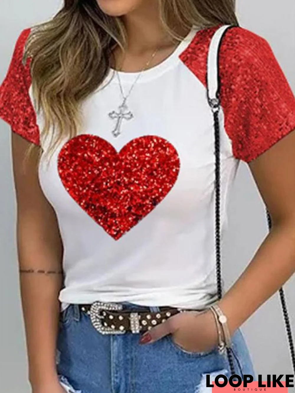 Beaded Regular Fit Heart/Cordate Casual T-Shirt
