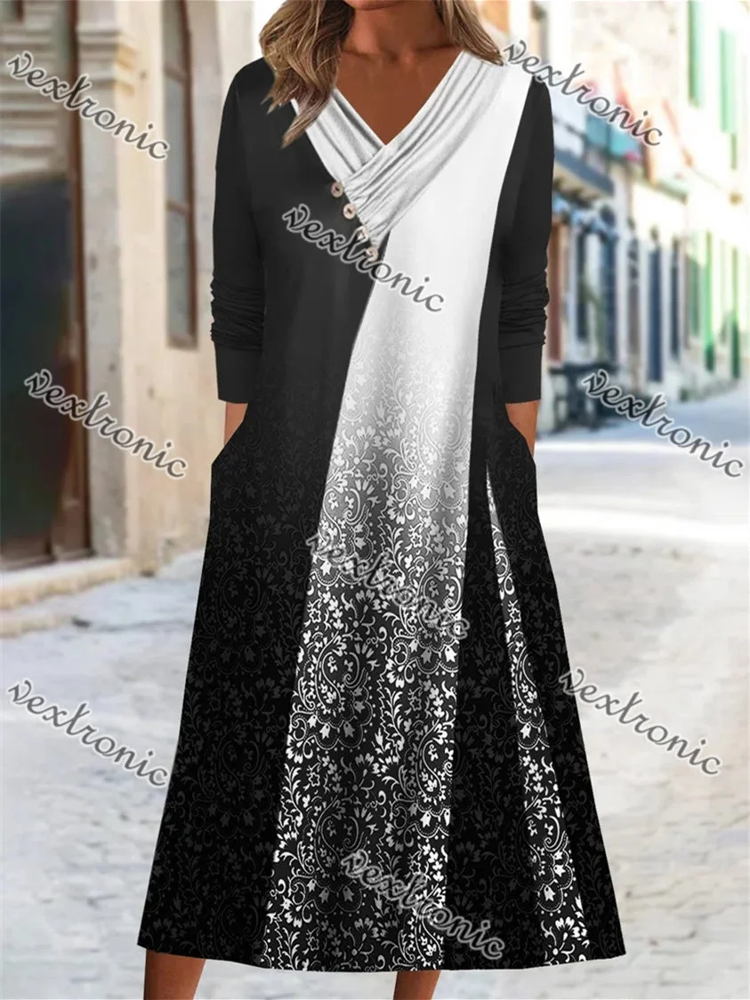 Women's Black and White Long Sleeve V-neck Graphic Printed Midi Dress