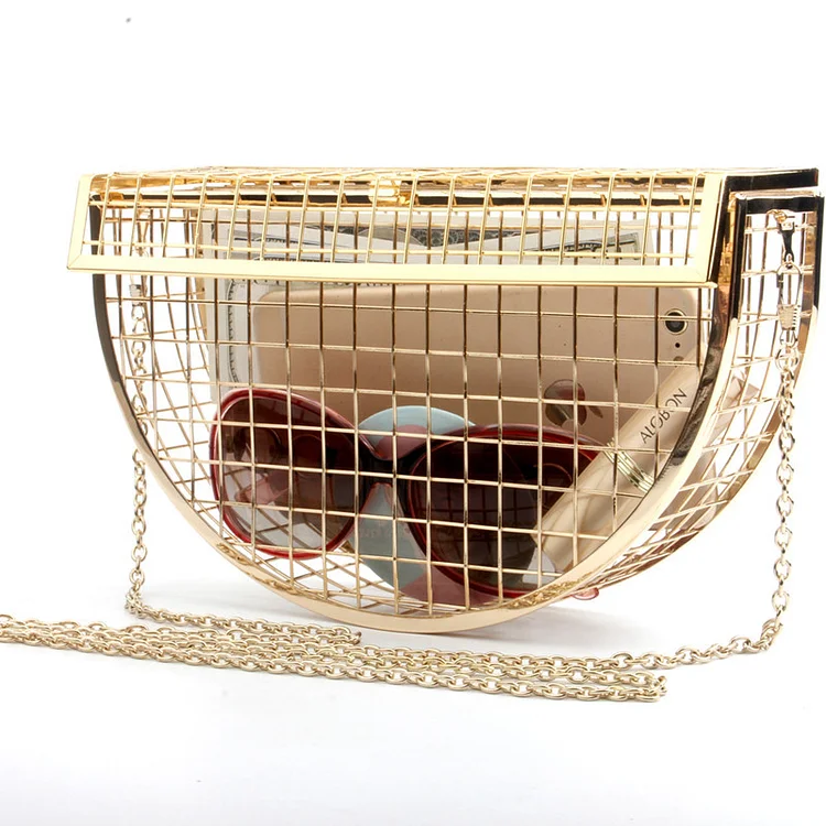 Banquet Semi-Circular Chain Lock Mini Cage Metallic Bag-Gold