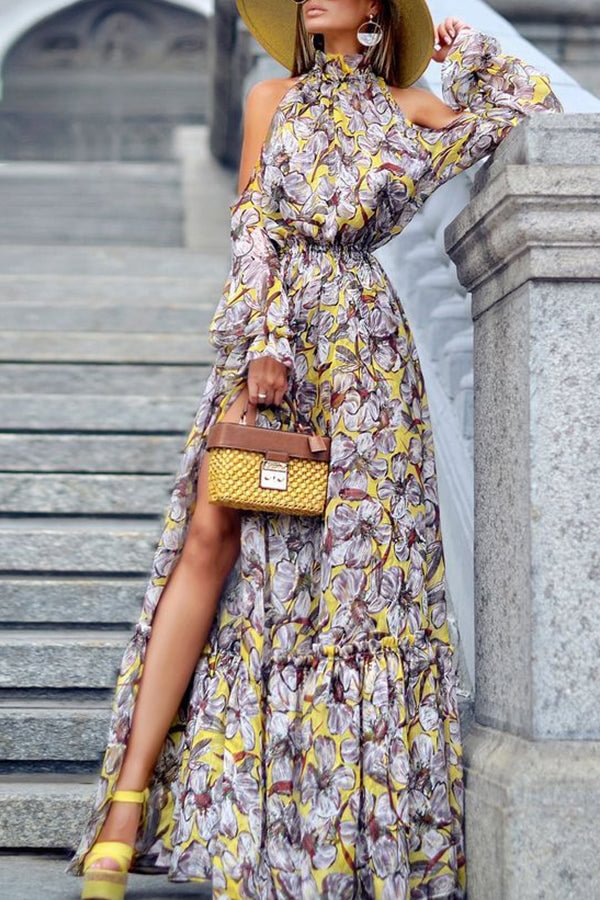 Halter Off Shoulder Slit Printed Maxi Dress - BlackFridayBuys