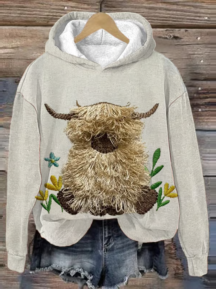 Comstylish Women's Highland Cattle Cow In Flowers Print Casual Hoodie