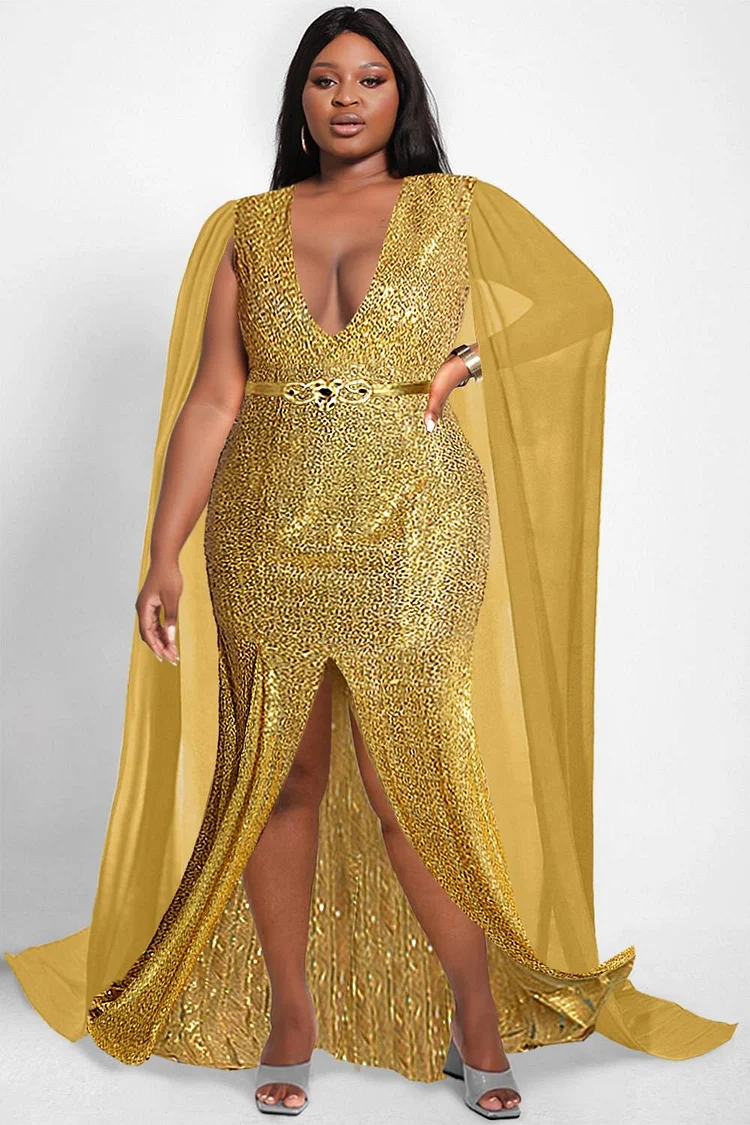 Plus Size Evening Maxi Dresses Elegant Gold Fall Winter V Neck Cape Sleeve Split Sequin Maxi Dresses [Pre-Order]