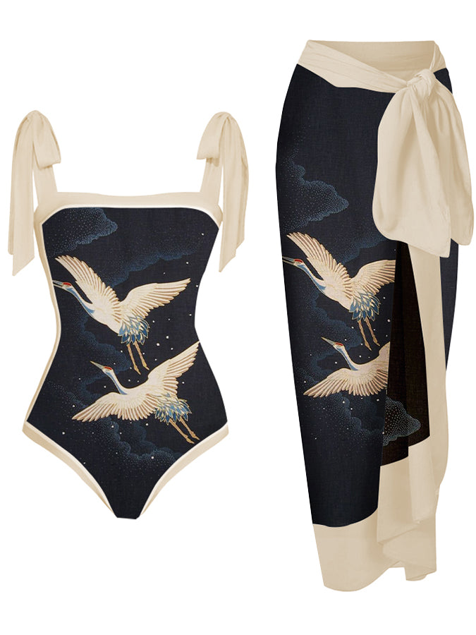 Printed Simple Lace-Up One-Piece Swimsuit