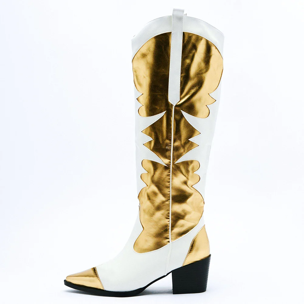 White Vegan Leather Knee High Cowgirl Boots Gold Print Pointed Toe Boots Nicepairs