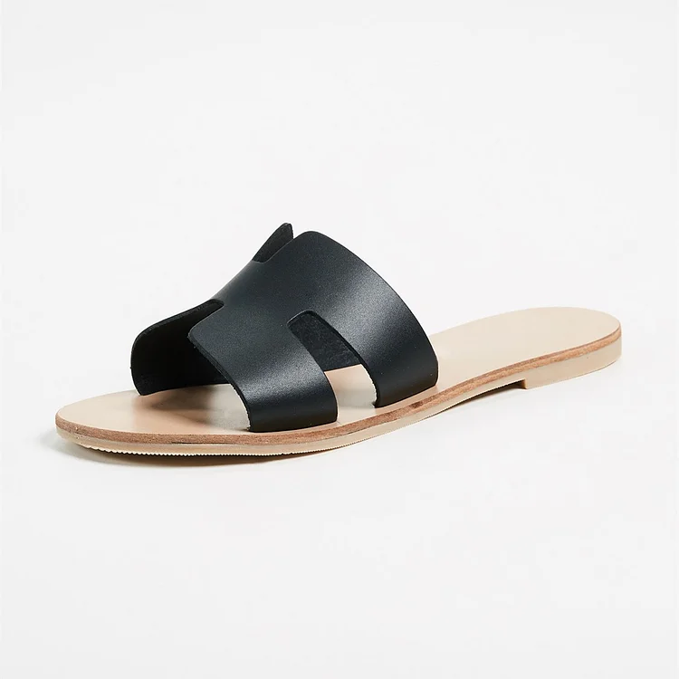 Classic Black Leather Cut-Out Flat Sandals Design Features Vdcoo