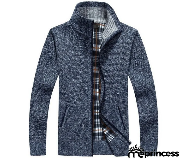 Men Casual Stand Collar Thickened Thermal Zip Knit Sweater Jacket
