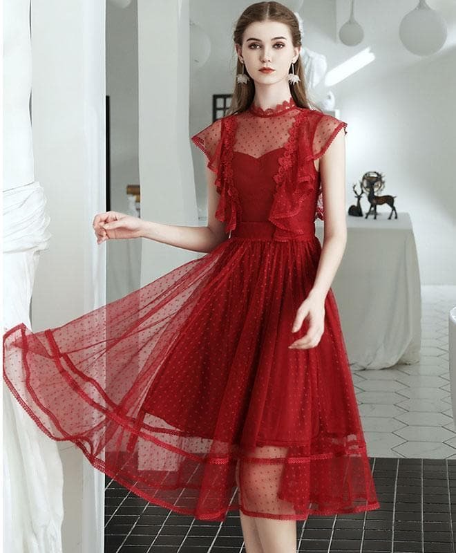 Burgundy Tulle Lace Short Prom Dress