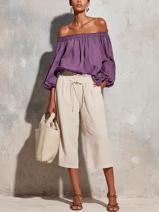 Women's Casual Style Purple Cotton And Linen Off-Shoulder Long Lantern Sleeve Top And White Cotton And Linen Capri Pants Set MD