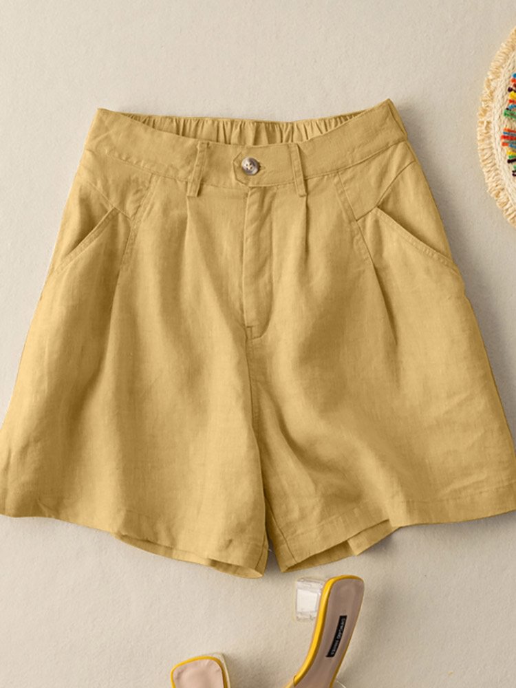 Cotton Solid Pocket Ruched Button Casual Shorts - Shop Trendy Women's Clothing | LoverChic
