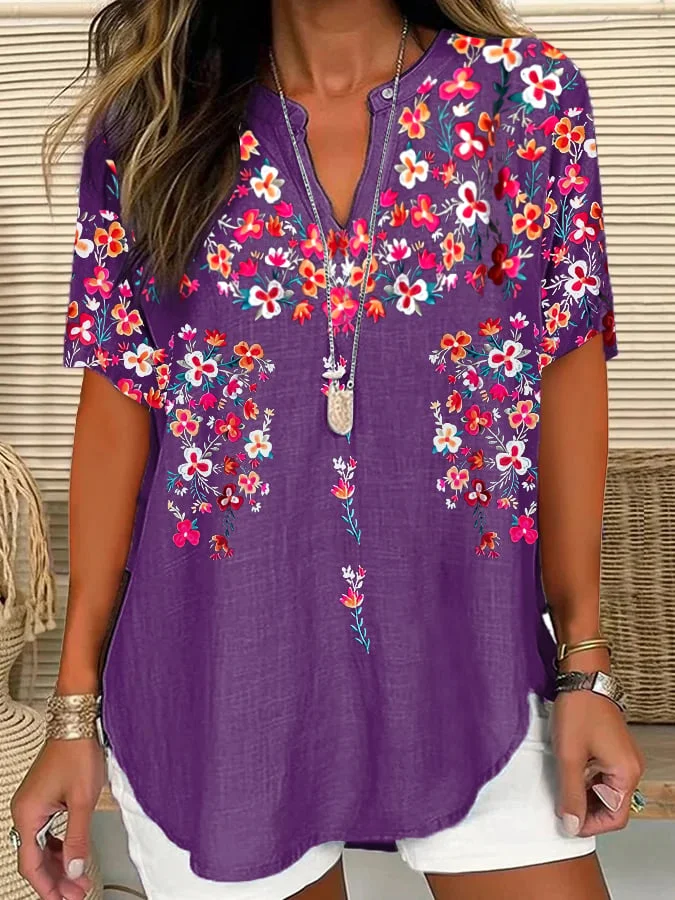 Women's Embroidered Printed V-Neck Loose Short-Sleeved Top
