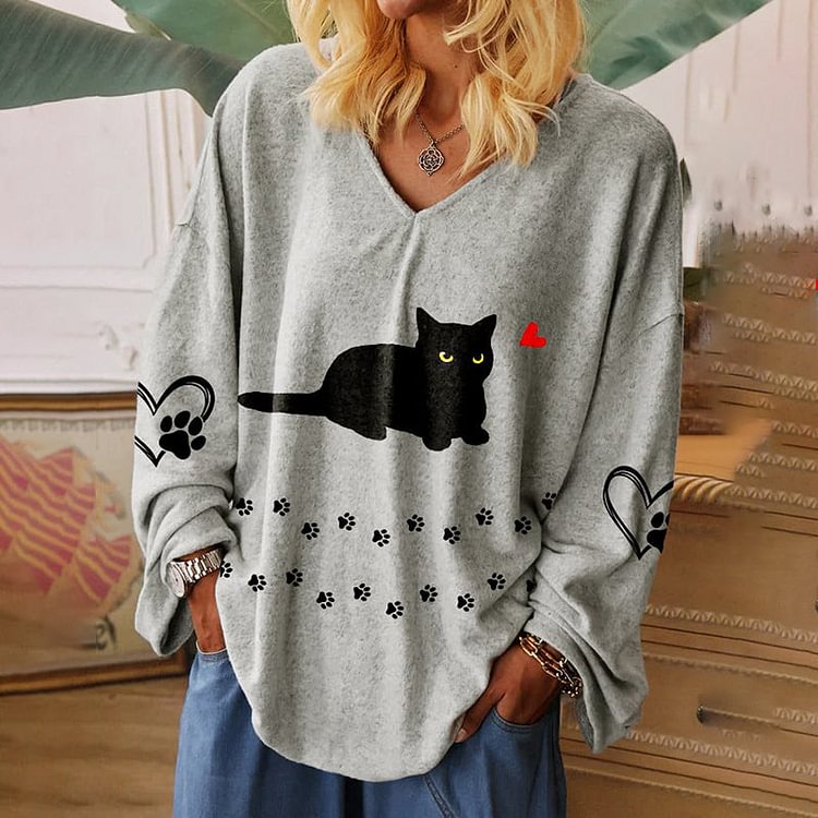 VChics Cat Print Casual V-Neck Long Sleeve T-Shirt