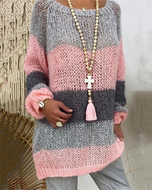Colorblock Round Neck Long-sleeved Sweater - Chicaggo