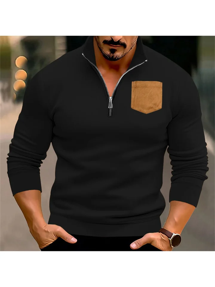 Casual Men's Solid Color Half Zipper Sweater Stand-up Collar Patch Pocket Decoration Padded Pullover Slim Tops Male