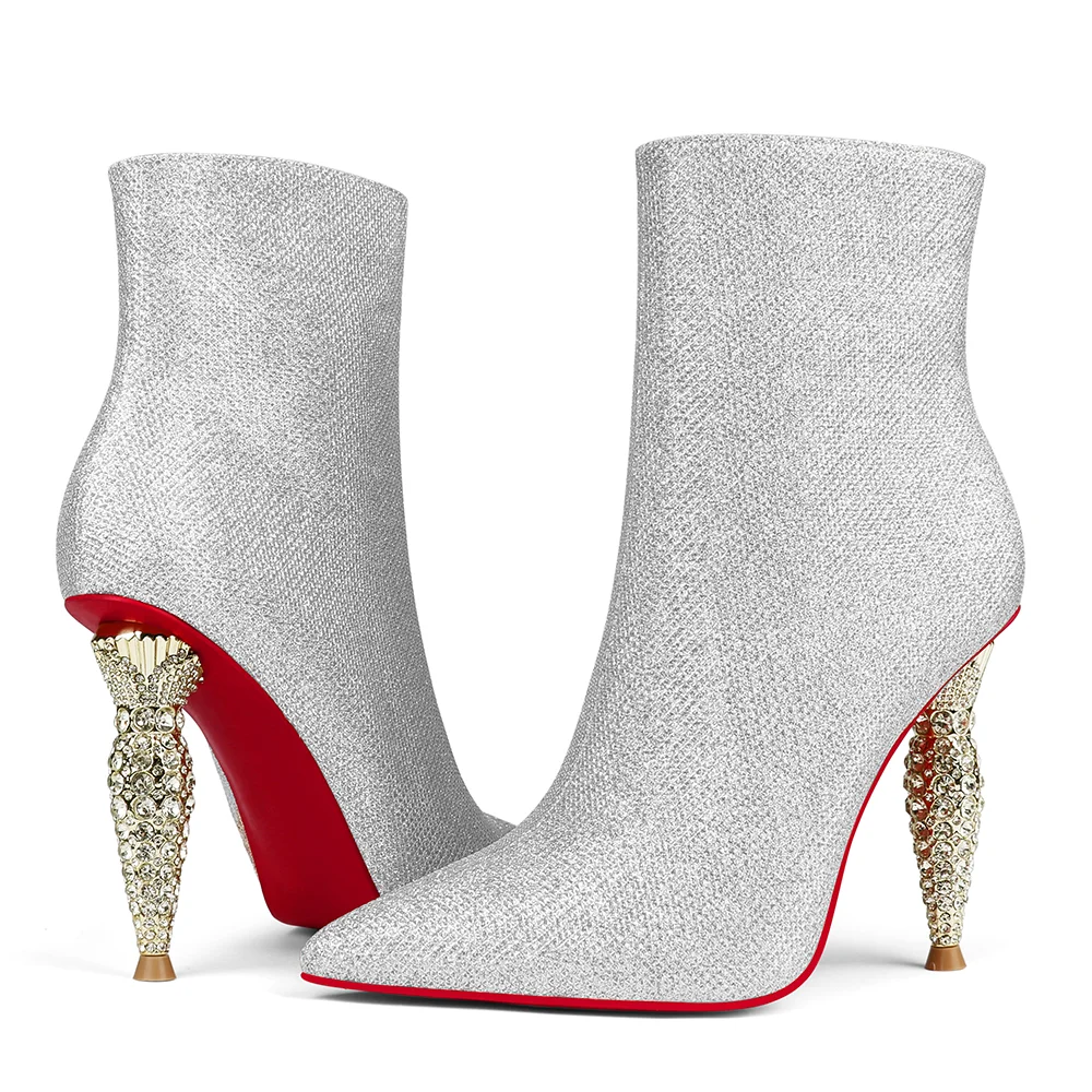 100mm Women's Pointed Toe Red Bottom Glitter Lipbooty High-Heel Booties Ankle Heeled Boots-MERUMOTE