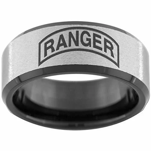 Women's Or Men's U.S. Army Ranger - Tungsten Carbide Wedding Band Rings,Military Wedding ring bands.Silver with Black Edges and Laser Etched United States Army Ranger Emblem Ring With Mens And Womens For Width 6MM 8MM 10MM