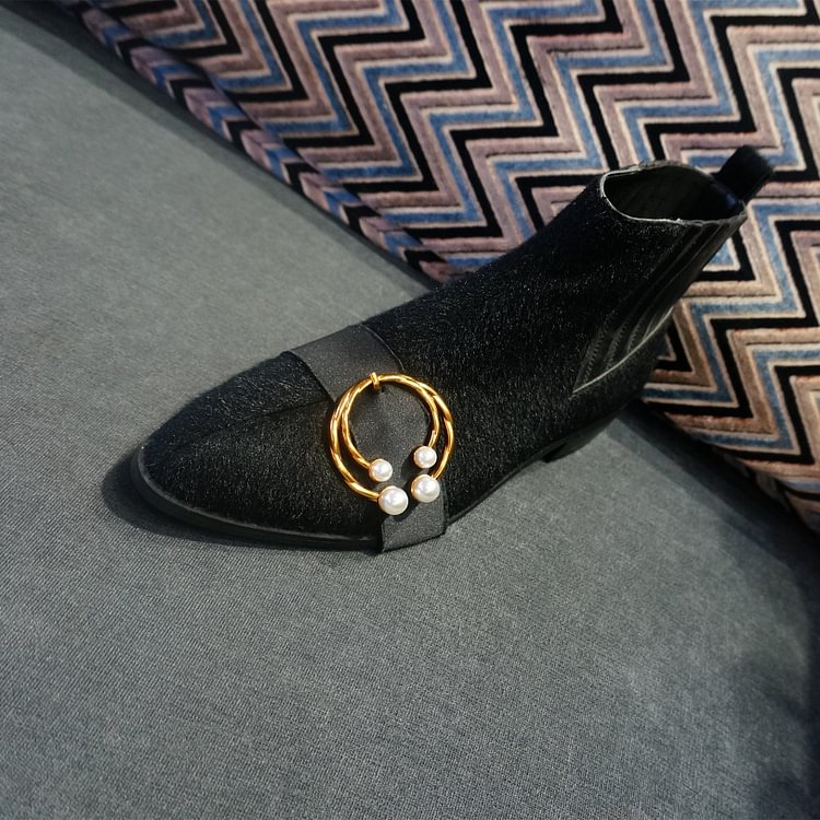 Black Flat Short Fashion Boots with Gold Embellishment |FSJ Shoes