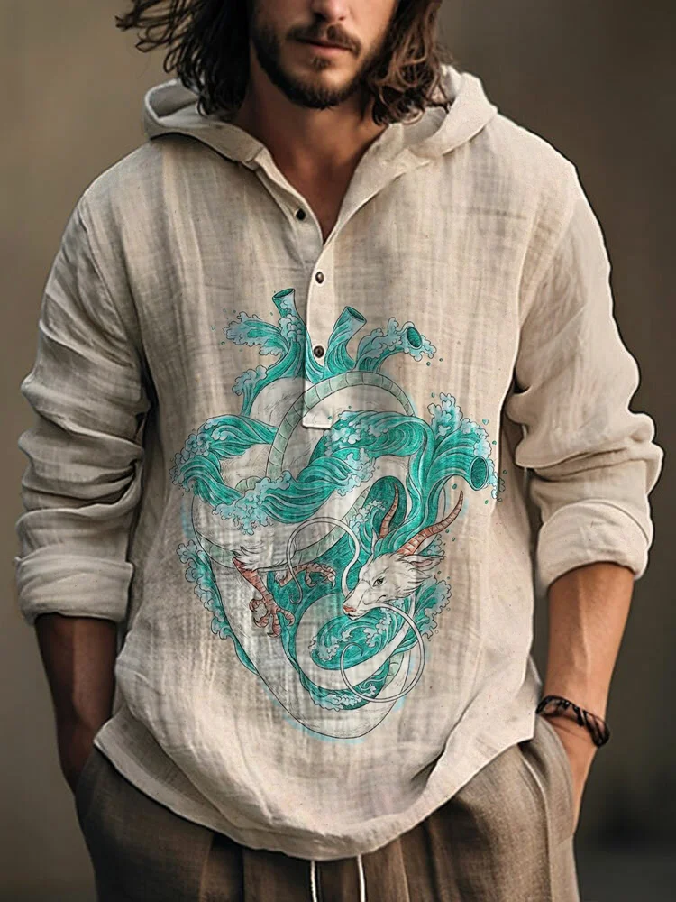 Comstylish Heart Of Ocean Dragon Japanese Art Linen Blend Hoodie