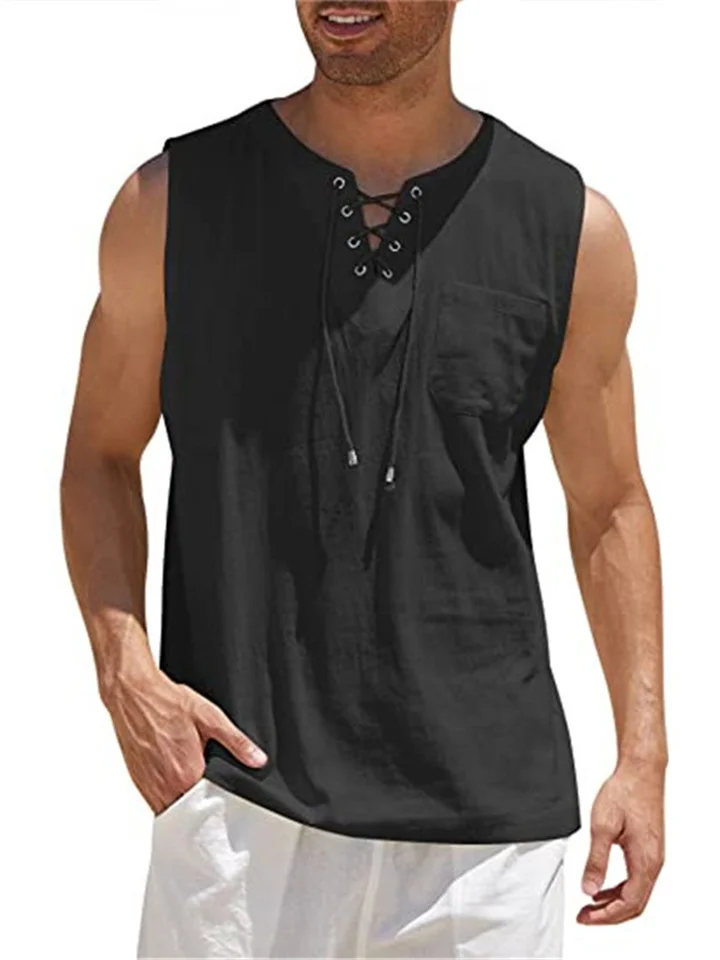 Men's Sleeveless Tops Air Eye Tie Stand-up Collar Men's Pullover Casual Solid Color Shirt-Cosfine