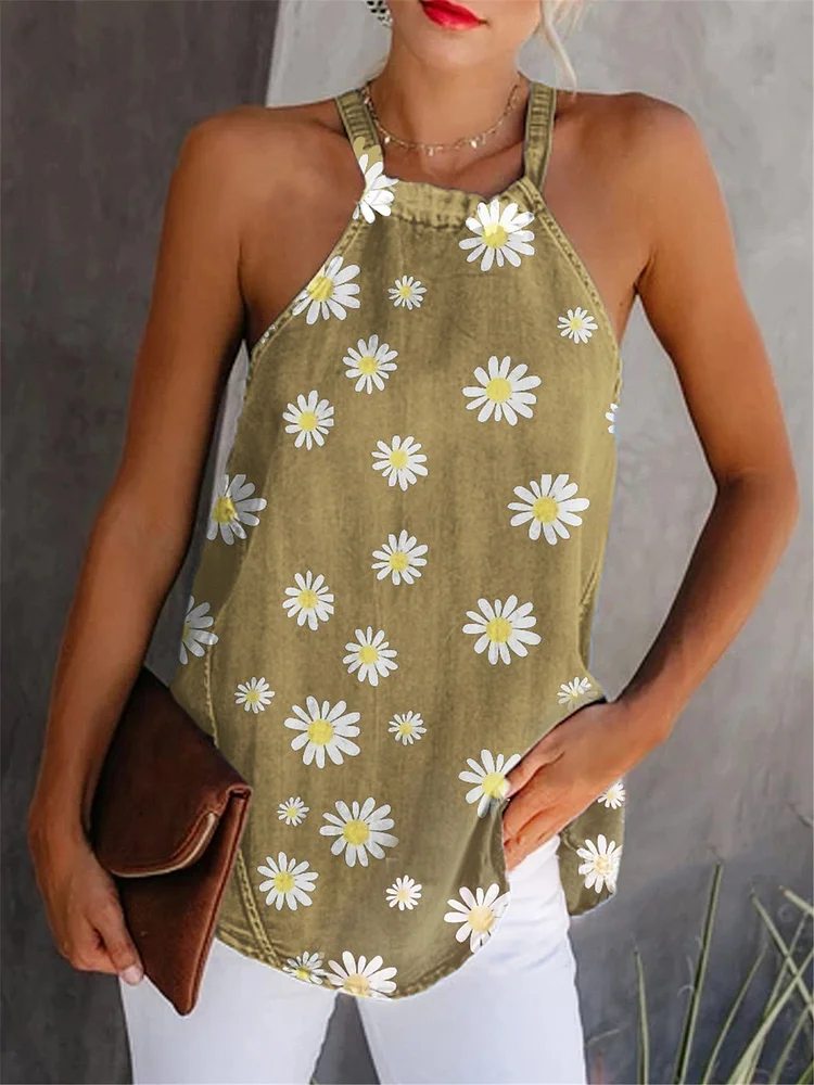 Cotton and linen wrinkle chrysanthemum print top