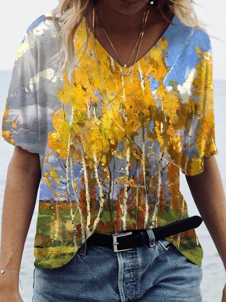 Blooming Trees Painting V Neck T Shirt