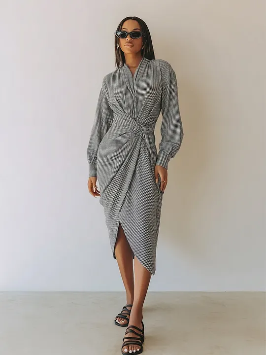 Women's Waist Twist Plaid Elegant Commuter V Neck Long Sleeve Midi Dress MD