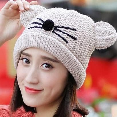 Beige/Pink Kawaii Cat Ears Knitting Beanie Hat SP1710973
