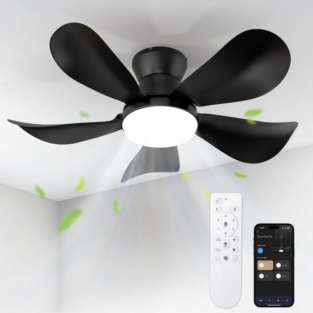 BLITZWILL Ceiling Fans with Lights and Remote & App Control,26 inch Low Profile Modern Ceiling Fans with 5 Reversible Blades,3 Colors Dimmable 6 Speeds Quiet, for Bedroom Kitchen Garage,Black