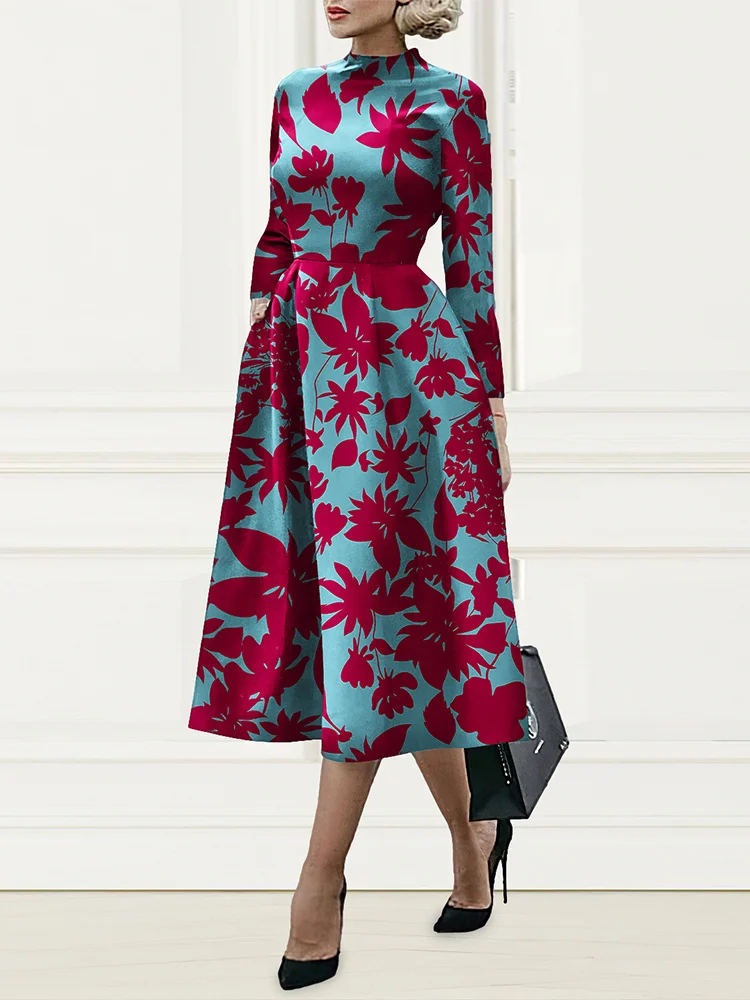 Red Flower High Waist Pocket Midi Dress