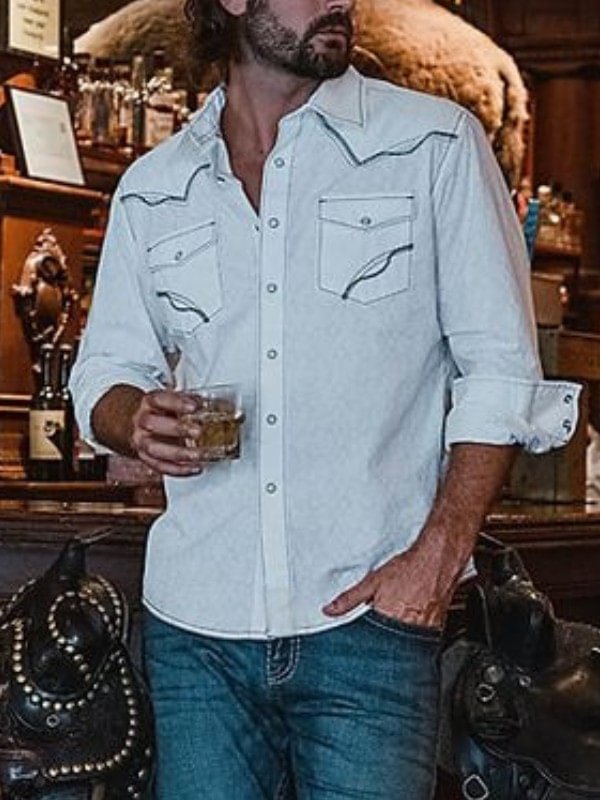 Men's Western Style White Long Sleeve Shirt