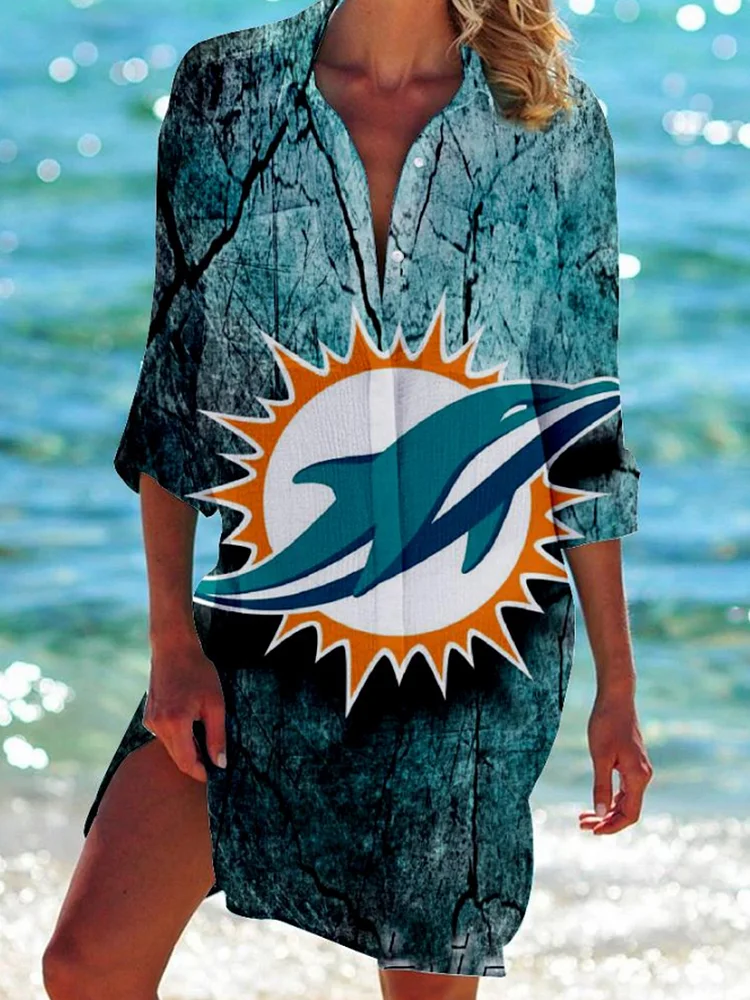 Miami Dolphins Print Casual Shirt Beach Dress