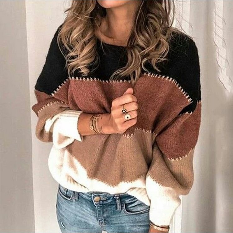 Vefave Casual Contrast Striped Loose Crew Neck Sweater