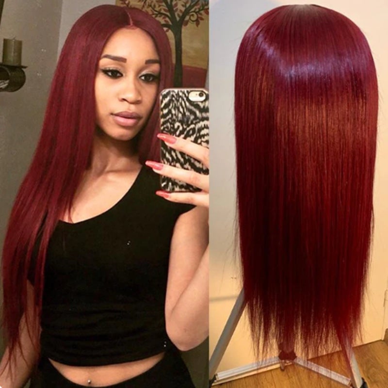Women's Long Hair Is Wine Medium Length and Straight Hair