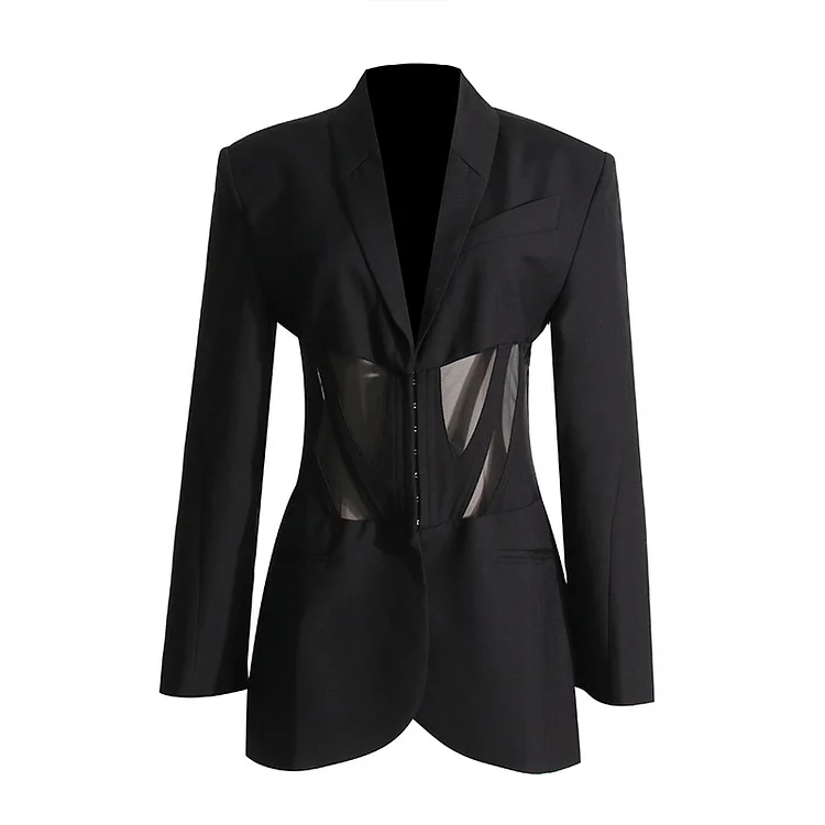 Statement Sexy Lapel Mesh Cutout See-through Suit Jacket