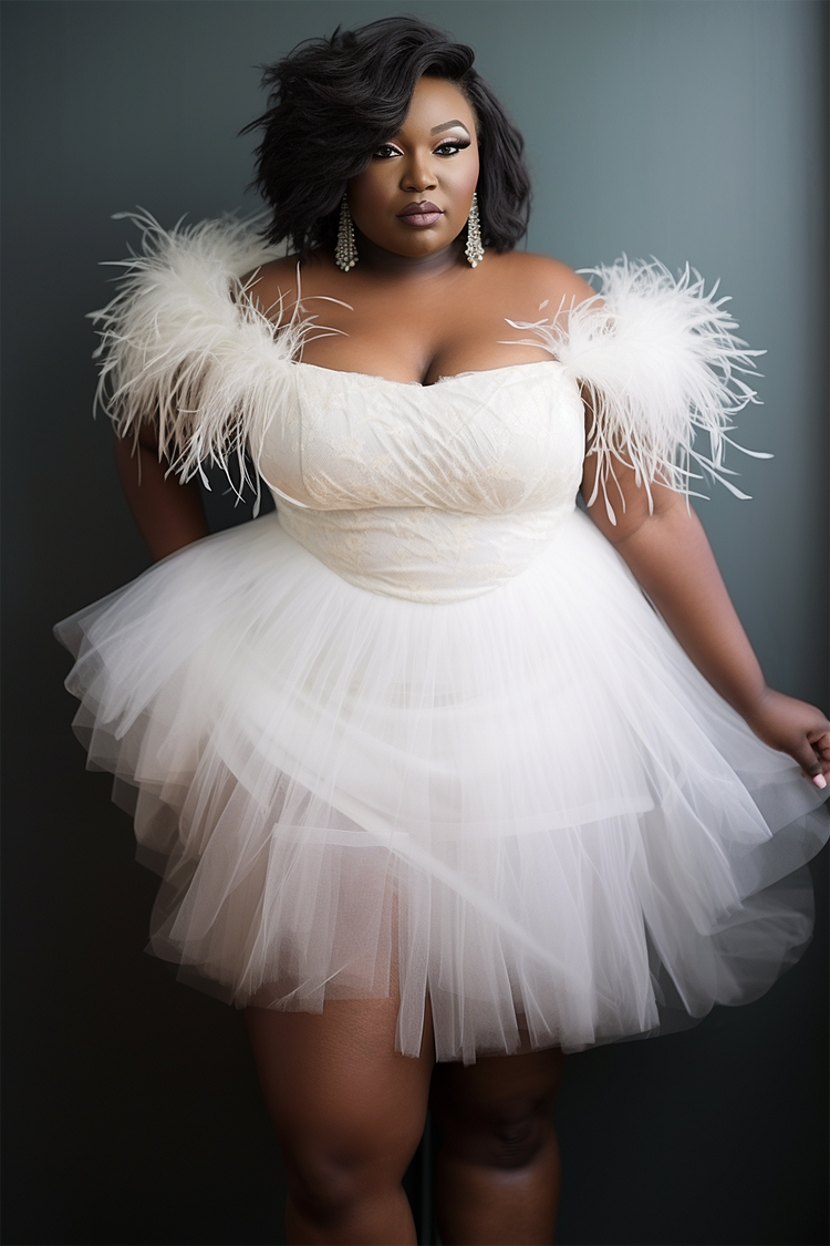 Xpluswear Design Plus Size Party Mini Dresses White Spring Summer Off The Shoulder Feather Tiered Tulle Mini Dresses