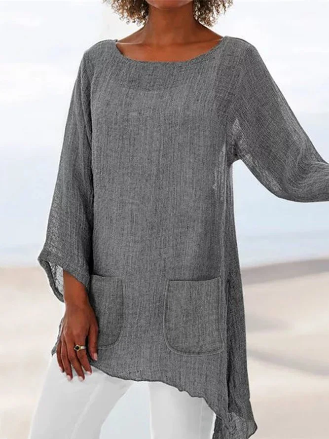 Casual Long Sleeve Crew Neck Linen Pockets Shirts & Tops Zaesvini