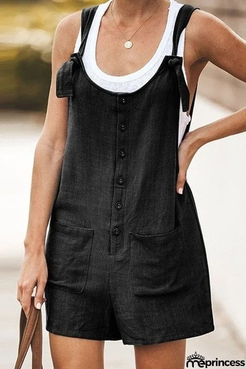 Fashion Casual Solid Sleeveless Lace Up Pockets Romper