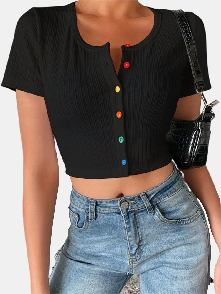 Colorful Button Solid Color Short Sleeve Blouse Fro Women P1682507