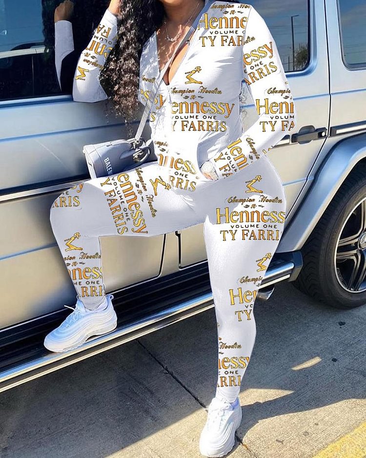 Letter Print Zip Up Pocket Detail Jacket & Pants Set - Shop Trendy Women's Clothing | LoverChic