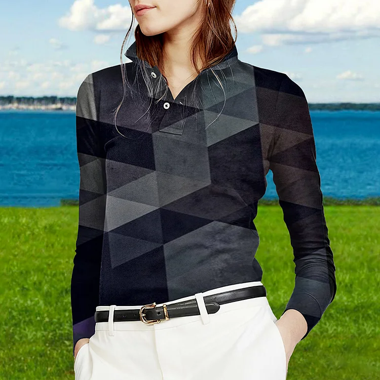Vefave Geometric Square Print Long Sleeves POLO Shirt