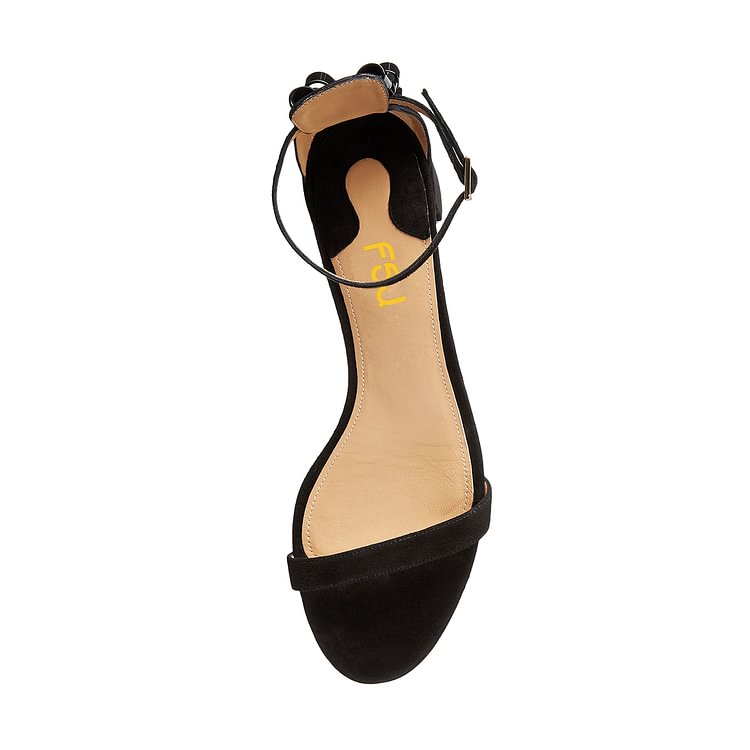 Women's Black Suede Chunky Heel Ankle Strap Sandals |FSJ Shoes
