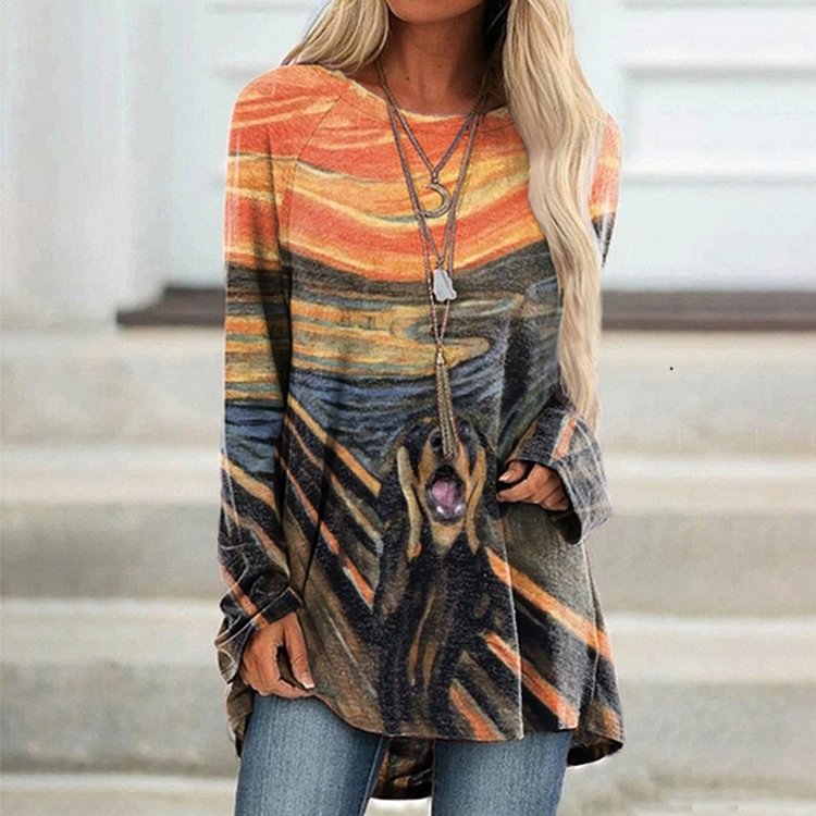 Vefave Art Dog Print Crew Neck Casual Tunic
