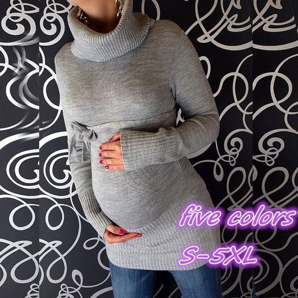 New Women Fashion Autumn and Winter Casual Knitted Sweater Long Sleeve Turtleneck Maternity Pregnancy Sweater Pregnant Solid Color Plus Size Tops Women Clothing - BlackFridayBuys