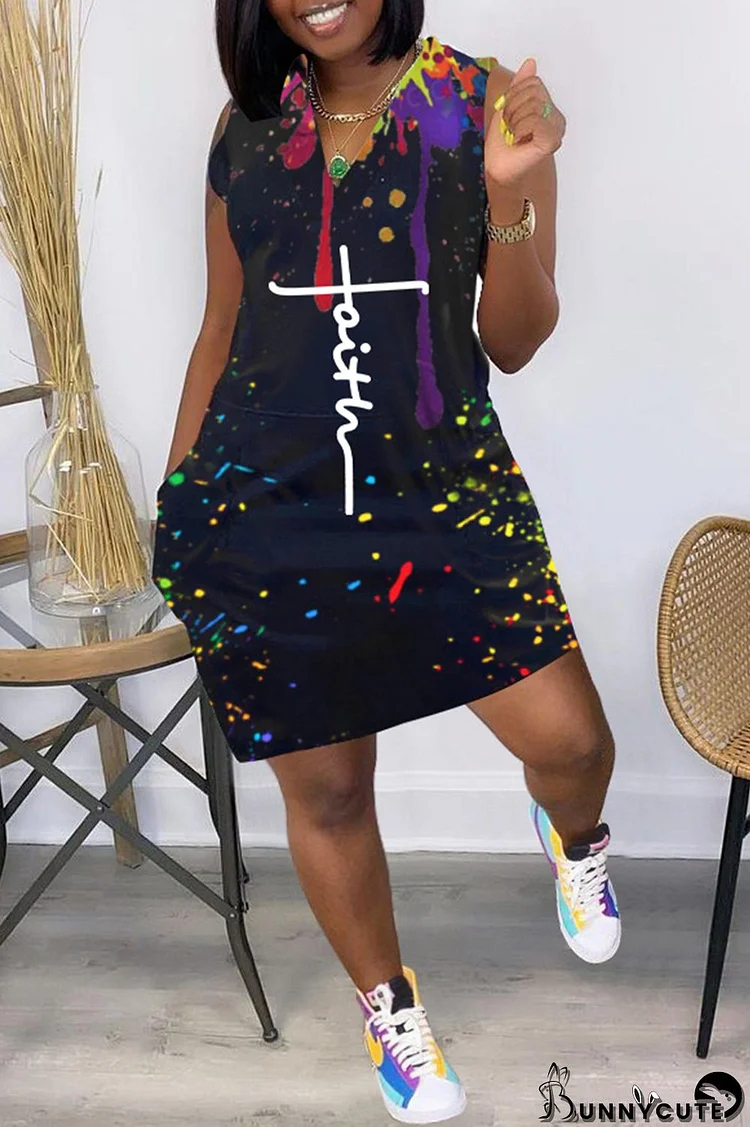 Black Fashion Casual Print Basic V Neck Sleeveless Dress