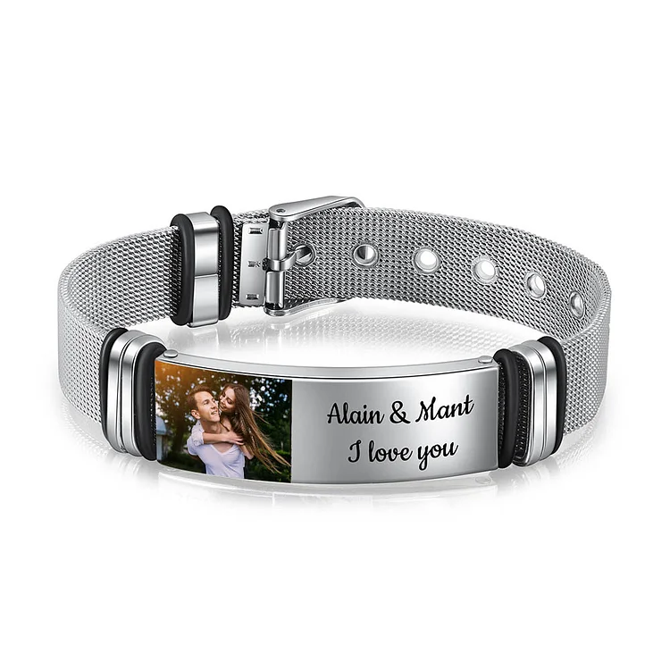 Personalized Photo Bracelet Engraved Text Stainless Steel Wristband Bracelet for Men Women