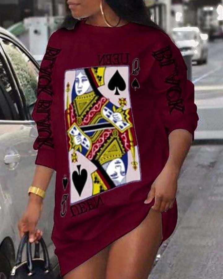 Poker Letter Print Long Sleeve Casual Dress P14096