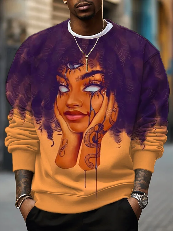 Men's Black Devil Girl With Three Eyes Color Block Art Print Casual Sweatshirt