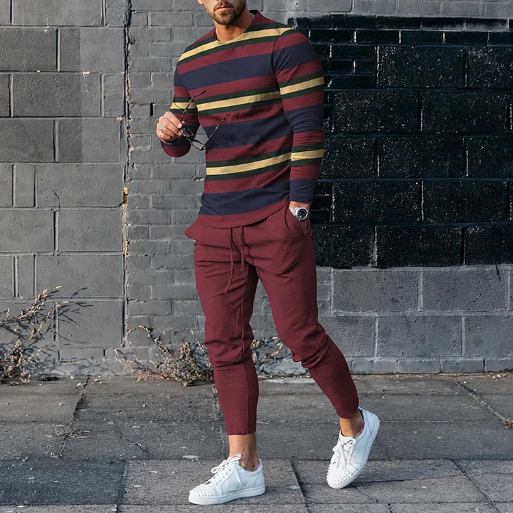 BrosWear Stripe Contrast Print T-Shirt And Pants Co-Ord