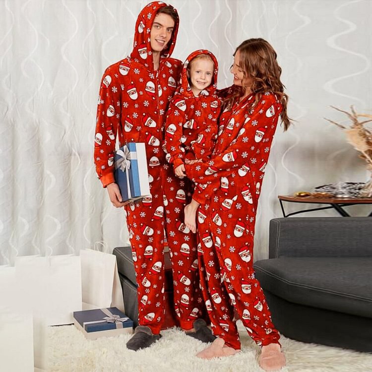 Christmas Santa Patterned Hooded Family Matching Onesies Pajamas(Christmas Red)