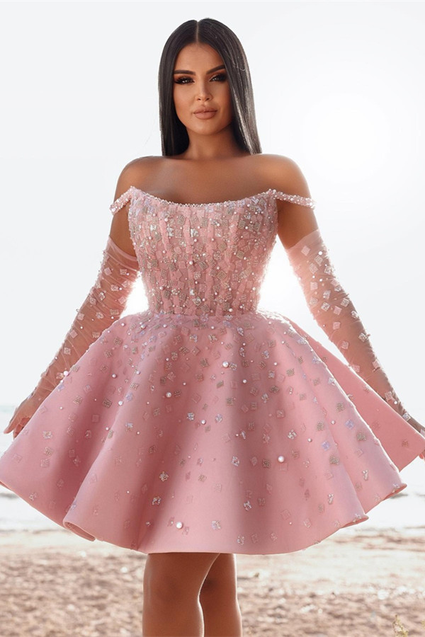 Dresseswow Pink Off-the-Shoulder Homecoming Dress With Beads Short Prom Dress