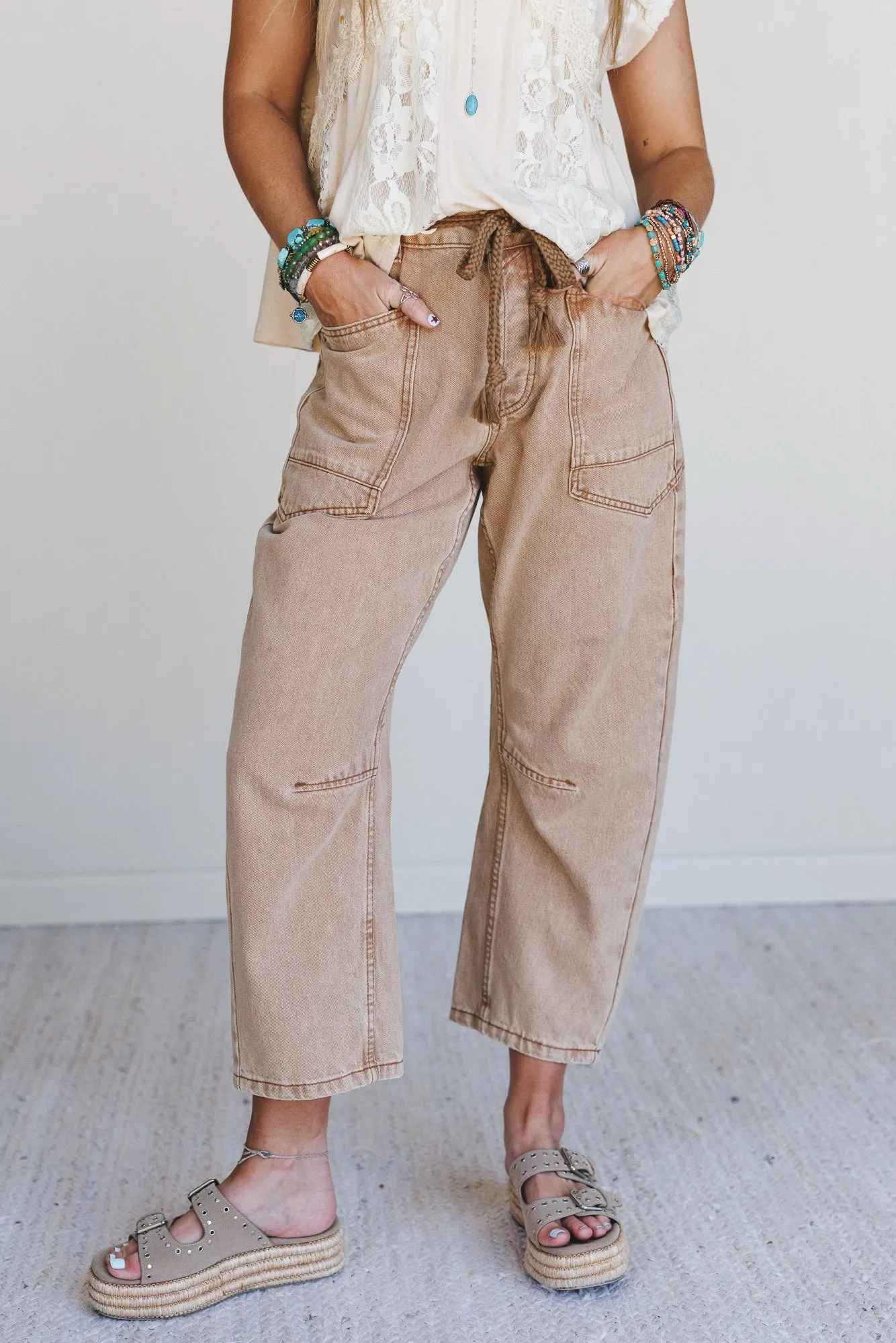 Elevated Eyelet Barrel Jeans - Rust